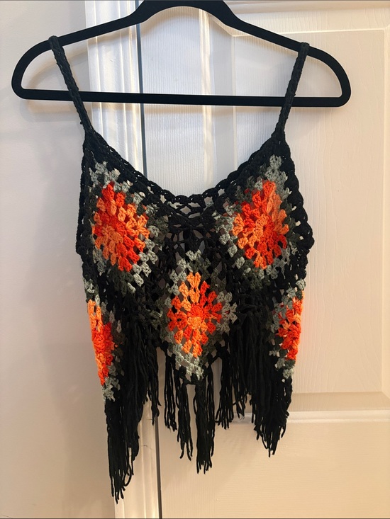 None Tops - Crochet Fringe Tank Top - Black with Orange & Green Accents